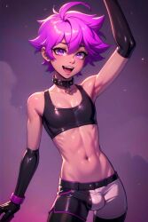 1boy abs abstract_background absurd_res ai_generated armpits blush blush cleavage collar crop_top cute darabri detached_sleeves excited femboy feminine_male gay girly gloves logo midriff one_arm_up open_mouth otoko_no_ko patreon patreon_logo pink_hair purple_eyes shorts shuichi_shindou stockings thin_waist toned trap yaoi