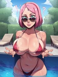 1girls ai_generated big_breasts bikini boruto:_naruto_next_generations breasts cleavage d-art_style female female_focus green_eyes gummieai highres huge_breasts in_water light-skinned_female light_skin long_hair looking_at_viewer mature_female milf naruto naruto:_the_last naruto_(series) naruto_shippuden partially_submerged pink_hair pool sakura_haruno smile solo sunglasses swimsuit upper_body voluptuous water wide_hips