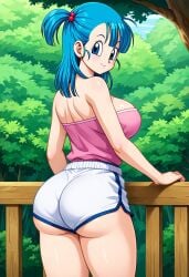 ai_generated back_view big_ass big_breasts blue_eyes blue_hair bulma_briefs civitai dolphin_shorts dragon_ball dragon_ball_z large_breasts shorts tube_top tubetop