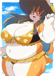 akitaka big_breasts bikini black_hair blush blushing breasts brown_eyes chubby chunithm cleavage female frills furry huge_breasts inuhiro_mimimi long_hair navel paws sun_hat tagme tail thick_thighs thighs two_tone_hair wide_hips