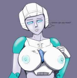 1girls azzertyimages big_breasts blue_eyes breasts dialogue english_text female female_focus female_only green_nipples large_breasts lifeline_(transformers) nipples robot robot_girl robot_humanoid solo text transformers