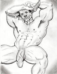 2017 4_fingers balls big_arms bovine cattle facial_piercing fmonkey front_view half-erect hands_above_head hi_res horn humanoid humanoid_penis male male_only mammal muscular navel nipples nose_piercing nose_ring nude penis personification piercing simple_background sketch solo taurus_(zodiac) thick_penis traditional_media_(artwork)