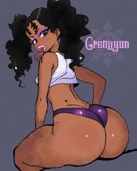 1girls bare_shoulders big_ass black_hair brown_eyes crop_top dark-skinned_female dark_skin eyeshadow female female_only gremiyun lips lipstick long_tongue small_breasts solo tank_top twintails