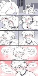 1:2 anal animal_humanoid anus ass balls blush canid canid_humanoid canine canine_humanoid collar comic dog_humanoid duo english_text face_lick floppy_ears genitals hi_res human humanoid izuku_midoriya katsuki_bakugou licking male male/male mammal mammal_humanoid monochrome my_hero_academia perineum pretty_werewolf text tongue