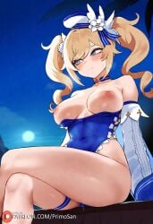 ai_generated barbara_(genshin_impact) barbara_(summertime_sparkle)_(genshin_impact) beach blonde_hair blue_eyes breasts_out crossed_legs drill_hair embarrassed genshin_impact large_ass large_breasts looking_away nipples primosan pussy_juice sitting swimsuit twintails