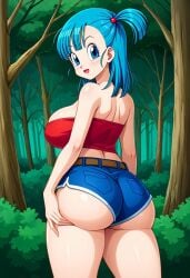 ai_generated back_view big_ass big_breasts blue_eyes blue_hair bulma_briefs civitai denim_shorts dragon_ball dragon_ball_z large_breasts shorts tube_top tubetop