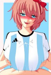 1boy 1girls argentina blue_eyes brown_hair doki_doki_literature_club eye_contact female fringe gabrielvizari happy light-skinned_female light-skinned_male light_skin male_pov oral paizuri paizuri_under_clothes pink_hair pov sayori_(doki_doki_literature_club) short_hair smile