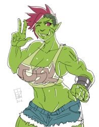 1girls booty_shorts bracers crop_top cropped_tank_top ezzyecchi female green_skin greeting jorts large_breasts muscular muscular_female orc orc_female red_eyes red_hair short_hair shorts solo solo_female text_on_clothing text_on_topwear undercut