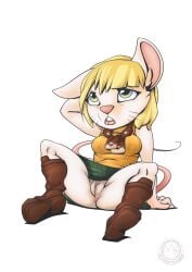 absurd_res alternate_species anthro anus ashley_graham_(resident_evil) boots bottomwear capcom clothed clothing female genitals hi_res mammal mouse moushley murid murine mysticalpha pussy resident_evil rodent simple_background skirt sleeveless_sweater solo upskirt white_background