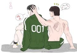 after_sex chained chained_ankles chained_to_bed chains hickey hwang_in-ho jacket jacket_on_shoulders male male/male male_focus male_only scratch_marks scratches seong_gi-hun squid_game tagme yaoi