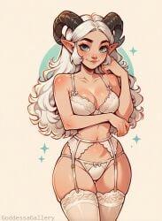 adorable ai_generated big_breasts black_horns breasts cute horn horns hourglass_figure lingerie lingerie_only long_hair original original_artwork original_character original_characters pale-skinned_female pale_skin ram_horn ram_horns thick_legs thick_thighs white_background white_hair white_lingerie