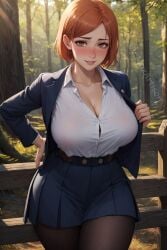 1girls ai_generated big_breasts blushing cleavage cute_face female female_only ginger_hair hd huge_breasts human jujutsu_kaisen kugisaki_nobara maxartison school_uniform skirt slim_waist solo thick_ass thick_legs thick_thighs unbuttoned_shirt wide_hips