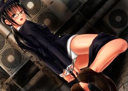 ano_hito black_hair cuffs female glasses handcuffs imminent_rape panties police rape underwear