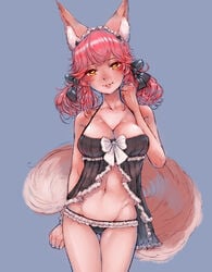 animal_ear_fluff animal_ears arm_at_side babydoll black_bow black_panties bow cleavage clenched_hand demstouts fate_(series) female fox_ears fox_tail frilled_hairband frilled_panties frills hairband hairbow head_tilt highres lingerie looking_at_viewer midriff navel panties pink_hair short_twintails simple_background smile solo standing tail tamamo_no_mae_(fate) thigh_gap twintails underwear white_bow yellow_eyes