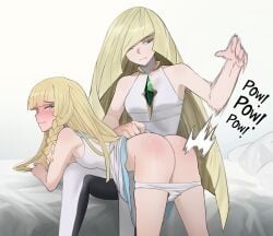 2girls ass bed bed_sheet blonde_hair braid disappointed dress embarrassed english_text expressionless jourd4n lillie_(pokemon) looking_at_another looking_to_the_side lusamine_(pokemon) mother_and_daughter panties_around_leg pants pokemon pokemon_sm power_lines red_ass simple_background slapping spanking very_long_hair yuri