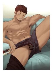 1boy abs armpit_hair bar_censor bara beard beer_can boxers can censored couch dark-skinned_male dark_skin drink_can earrings eyebrow_cut facial_hair feet_out_of_frame flaccid foreskin full_beard goburin_second hair_tattoo hairy harumi_(goburin_second) highres jewelry large_pectorals looking_at_viewer male_focus male_underwear muscular muscular_male navel navel_hair nipples on_couch one_eye_closed original paid_reward_available pectorals penis penis_peek short_hair solo solo_male sparse_chest_hair spread_legs stomach thick_thighs thighs underwear wide_spread_legs