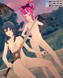2girls 3d angry bangs bare_arms bare_legs bare_midriff bare_shoulders bare_thighs blue_eyes blue_hair collarbone completely_nude facial_mark facial_tattoo falchion_(fire_emblem) fefreak726 female female_only female_pubic_hair fire_emblem fire_emblem_awakening fire_emblem_engage hair_between_eyes hand_on_own_face hand_on_own_hip heart hortensia_(fire_emblem) house legs long_hair lucina_(fire_emblem) midriff multicolored_hair multiple_girls nintendo nude nude_female open_mouth outdoors pink_eyes pink_hair pubic_hair pussy short_hair shoulders smile sunset sword symbol-shaped_pupils tattoo thighs tiara weapon