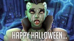 3d bride_of_frankenstein bride_sombra caption comic comicpornnation cum cumshot female green_skin halloween male_focus overwatch pointing sombra source_filmmaker tongue tongue_out wedding_dress zombie