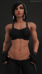 3d abs athletic athletic_female black_eyes black_hair blender bra dark-skinned_female dark_skin female female_pubic_hair fingerless_gloves fit gloves high_resolution looking_away muscle muscular_female navel navel_piercing overwatch pharah pharah-best-girl piercing pubic_hair scar solo_female sports_bra sports_uniform sportswear teasing underwear