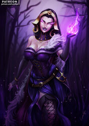 1girls 2018 artist_name black_hair breasts cleavage clothed clothes clothing dress female female_only fire forest fur glowing_eyes gold headgear large_breasts liliana_vess lips long_hair luminyu magic magic_the_gathering makeup open_eyes ornament pale-skinned_female pale_skin pinup purple_eyes purple_lipstick solo solo_focus tattoo thighs very_long_hair wide_hips