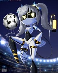 adidas argentina breasts digital_media_(artwork) disassembly_drone fanart glitch_productions grey_hair j_(murder_drones) jackintaro looking_at_viewer murder_drones nipples nude pussy ribbons robot robot_girl soccer tail twintails yellow_eyes