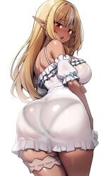 ass back bare_shoulders blonde_hair breasts cowboy_shot dark-skinned_female dark_elf dark_skin dress elf female frilled_dress frills from_behind highres hololive large_breasts light_blush long_hair looking_at_viewer looking_back multicolored_hair open_mouth panties pointy_ears red_eyes sakanaya_(sakanaya952) see-through see-through_dress shiranui_flare shiranui_flare_(5th_costume) short_dress solo sundress thigh_strap thighs underwear virtual_youtuber white_background white_dress