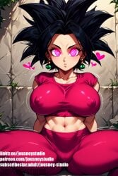 abs ai-created ai_generated black_hair blush breasts caulifla clothing covered_erect_nipples crop_top dragon_ball dragon_ball_super earrings english_text erect_nipples female female_only glowing heart jewelry jousneystudio kefla kefla_(dragon_ball) large_breasts long_hair looking_at_viewer midriff muscle navel nipples pants patreon_username pink_eyes potara_earrings saiyan shirt short_sleeves sitting solo spread_legs thick_thighs thighs