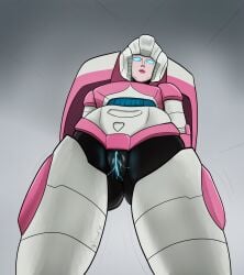 1girls arcee azzertyimages blue_eyes blue_panties crotchless_panties female female_only panties pink_lipstick pink_panties pussy pussy_juice pussy_juice_drip robot robot_girl robot_humanoid solo solo_female thighs transformers vagina