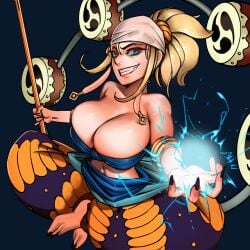 1girls barefoot blonde_hair blue_eyes electricity electricity_manipulation enel female female_focus female_only genderswap_(mtf) goddess large_breasts mfus one_piece rule_63 staff