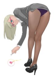 black_high_heels blonde_hair glasses grey_shirt grey_skirt kiyoshi-sempai leaning_forward light_blue_eyes looking_at_viewer pantyhose purple_panties render skirt teacher upskirt