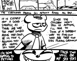 anthro bear big_eyes black_and_white black_nose clothing comic cum cum_on_ground dialogue english_text fur mammal monochrome mr._rosnado_(target_miss) pokehidden shirt smile solo speech_bubble target_miss teeth text toony