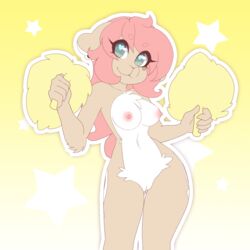 <3_eyes 2018 :3 aime_(oc) animated anthro breasts caprine casual_nudity female fur furry furry_only hair heart hi_res holding_object long_hair looking_at_viewer mammal navel nipples nude pink_hair pom_poms pussy sheep short_playtime solo tolsticot