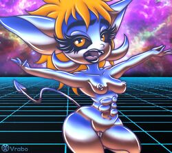 2018 abs amber_eyes black_sclera breasts fangs female humanoid imp iqua_kicks muscular neon_grid shortstack solo standing synthwave vaporwave vrabo yellow_eyes