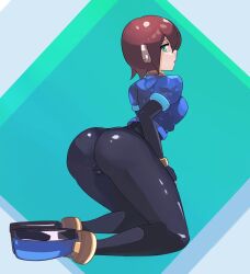 aile big_ass bodysuit breasts brickshoes brown_hair green_eyes jacket kneeling mega_man mega_man_zx presenting_hindquarters short_hair variations