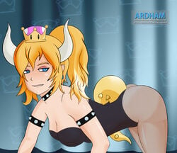 ardham ass big_ass big_breasts blonde_hair blue_eyes bowsette breasts bunnysuit cleavage dragon_girl female female_only genderswap horns mario_(series) new_super_mario_bros._u_deluxe nintendo pantyhose pinup solo super_crown tail tight_clothing