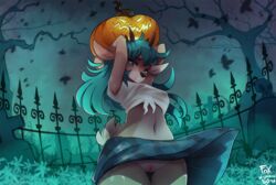 2018 anthro antlers areola blue_eyes blue_hair breasts cervine danae_(character) female foxinshadow furry halloween heart highres holidays horn mammal nipples no_underwear pink_areola pink_nipples pussy reindeer shirt solo standing wet_shirt