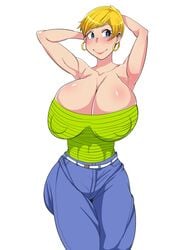 1girls armpits ass blonde_hair blue_eyes blush breasts cleavage clothed curvy dragon_ball dragon_ball_z earrings erasa erect_nipples female_only gigantic_breasts hands_behind_head huge_areolae human large_ass lipstick looking_away niwatora pants puffy_nipples shirt short_hair smile tank_top thick_thighs voluptuous wide_hips