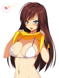 breasts brown_hair cleavage female kiyoshi-sempai light_blue_eyes long_hair looking_at_viewer open_mouth render shirt_lift standing white_bikini_top yellow_shirt
