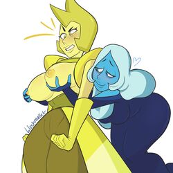 2girls big_thighs blue_diamond_(steven_universe) blue_eyes blue_hair blue_skin blushing blushmallet breast_grab breasts cartoon_network curvaceous curvy diamond_authority exposed_breasts female female/female female_focus female_only fingerless_gloves gem_(species) groping hands_on_breasts heart helmet long_gloves long_hair multiple_girls nipples short_hair smile steven_universe surprised thick_thighs topless white_background yellow_diamond_(steven_universe) yellow_eyes yellow_skin yuri