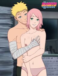 1boy 1girls bandaged_arm before_sex blonde_hair blue_eyes blush boruto:_naruto_next_generations cheating couple female grabbing_breasts green_eyes hokage_office human jack_.mery male naruto panties pink_hair pink_panties romantic sakura_haruno small_breasts smile uzumaki_naruto