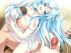 10s 1boy 1girls ahoge areolae ass assertive barefoot blue_eyes blue_hair blush bottomless breasts censored chogokin denma_onna_to_seikan_otoko denpa_onna_to_seishun_otoko feet female female_on_top footjob hair_accessory highres large_breasts legs long_hair nipples no_panties open_mouth penis ribbon smile toes touwa_erio