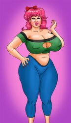 cleavage green_shirt looking_at_viewer looking_pleasured milf pants pink_hair saturnxart simple_background smile thigh_clothes