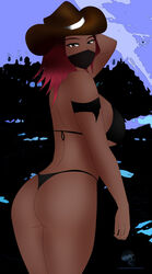 bikini bikini_top calamity_(fortnite) clothed cowboy_hat cowgirl dark-skinned_female dark_skin female female_only fortnite hand_behind_head hat human looking_back_at_viewer mask masked_female noir-black-shooter pose posing solo tagme