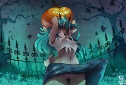 2018 anthro antlers areola blue_eyes blue_hair breasts cervine danae_(character) female foxinshadow furry halloween heart highres holidays horn mammal nipples no_underwear pink_areola pink_nipples pussy reindeer shirt solo standing wet_shirt