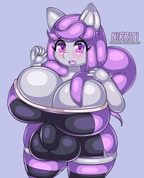 anthro big_breasts breasts bulge clothing dickgirl equine fan_character hair horse huge_breasts intersex legwear mammal my_little_pony nini_(pony) nirriti penis_outline pony purple_hair shirt shortstack solo spandex stockings tank_top tight_clothing voluptuous