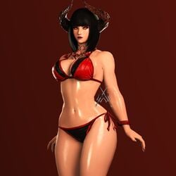 3d anna_williams artist_request big_breasts bikini black_hair bracelet chest_tattoo eliza_(tekken) female female_only flower flowers fusion hips horns markings neck_tattoo red_background red_bikini rose safe solo tagme tattoo tekken tekken_7 vampire vampire_girl vertical_bar_eyes watermark yellow_eyes