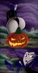 absurd_res ass beelztheboss big_ass blush comic dc dc_comics dildo english_text erection female from_behind halloween highres hips instant_loss_2koma laugh leotard penis pumpkin rachel_roth raven_(dc) teen_titans wide_hips