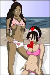 2girls avatar_legends avatar_the_last_airbender bra chocolate_and_vanilla clothing dark-skinned_female dark_skin earth_kingdom english_text female female_only human interracial katara multiple_females multiple_girls panties small_breasts straight_hair text toph_bei_fong ty5550 water_tribe