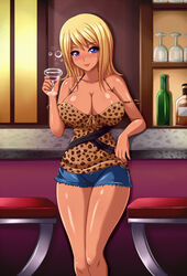 1girls 2015 adult adult_female alcohol bar big_breasts big_cleavage blonde_hair blue_eyes blush caucasian caucasian_female cleavage clothed clothed_female clothing cup drunk female female_only hair holding_object huniepop jean_shorts jessie_maye large_breasts large_cleavage leopard_print looking_at_viewer medium_hair milf purple_eyes realistic_breast_size shorts small_waist solo standing tan-skinned_male tan_skin thighs unknown_artist wine wine_glass