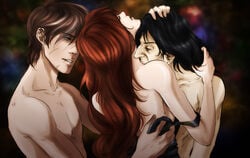 1girls 2boys artist_request biting black_hair brown_hair color facial_scar harry_potter human lily_evans long_hair male_focus remus_lupin scar severus_snape short_hair threesome topless